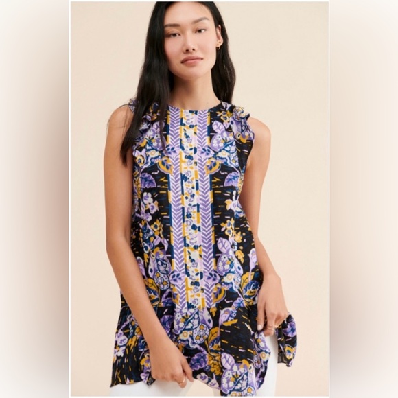 FREE PEOPLE SUMMER TULUM TUNIC PURPLE/GOLD FLORAL OPEN BACK SIZE XS/S NEW - Picture 9 of 9